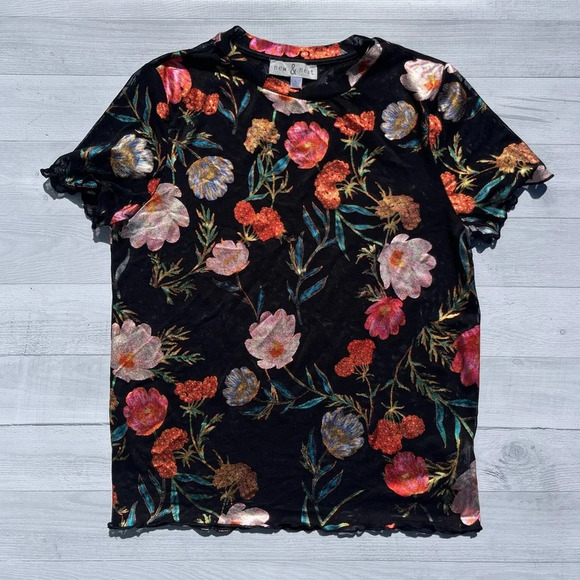 New & Next Metallic Floral Print Black Mesh Ruffle Sleeve Top Size L - Picture 2 of 5